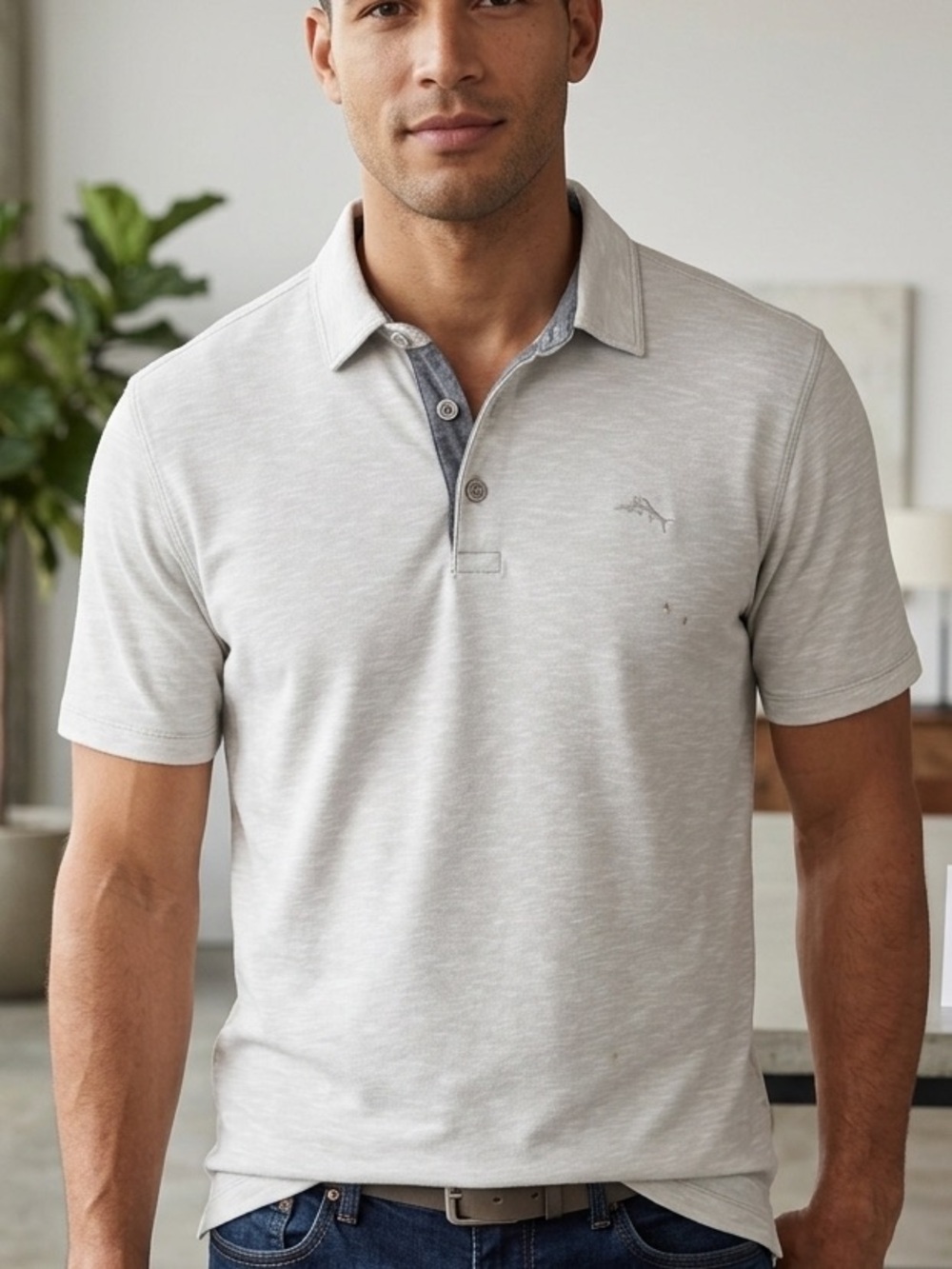 Tommy Bahama Light Gray Polo with Blue Contrast Placket